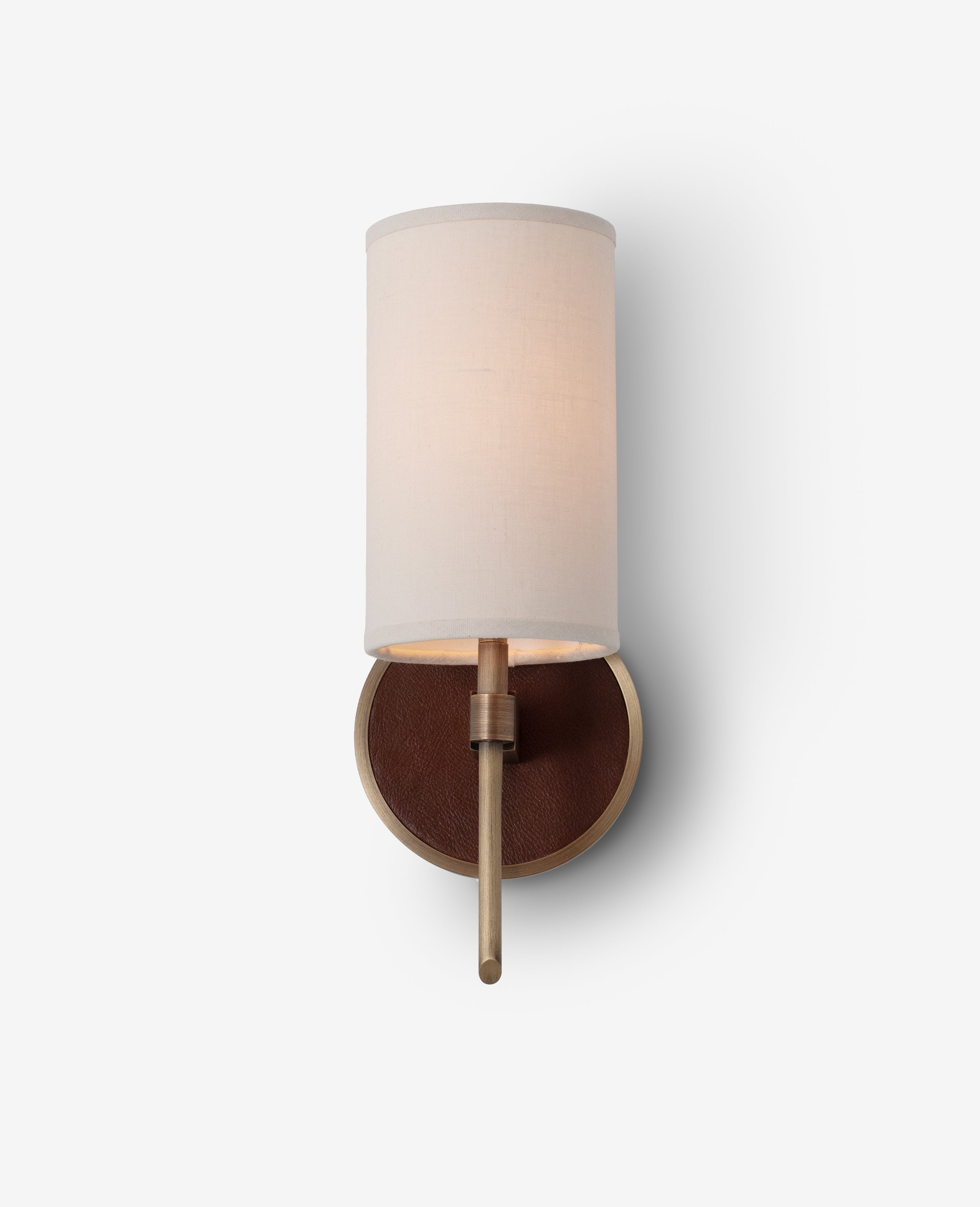 Light Antique Brass with Mink leather backplate and White Linen Shade