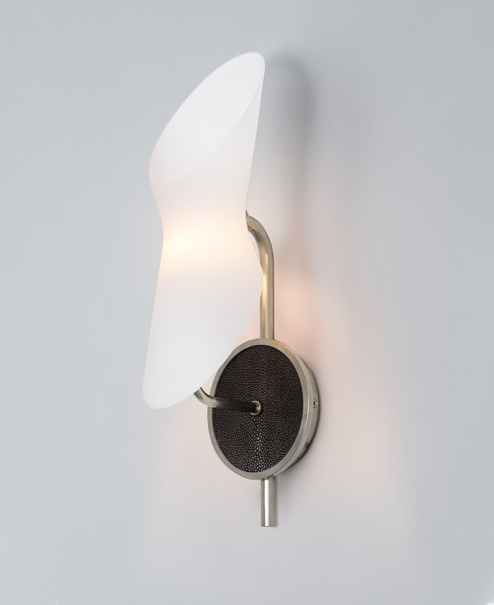 Satin Nickel with Shagreen backplate and White Glass shade