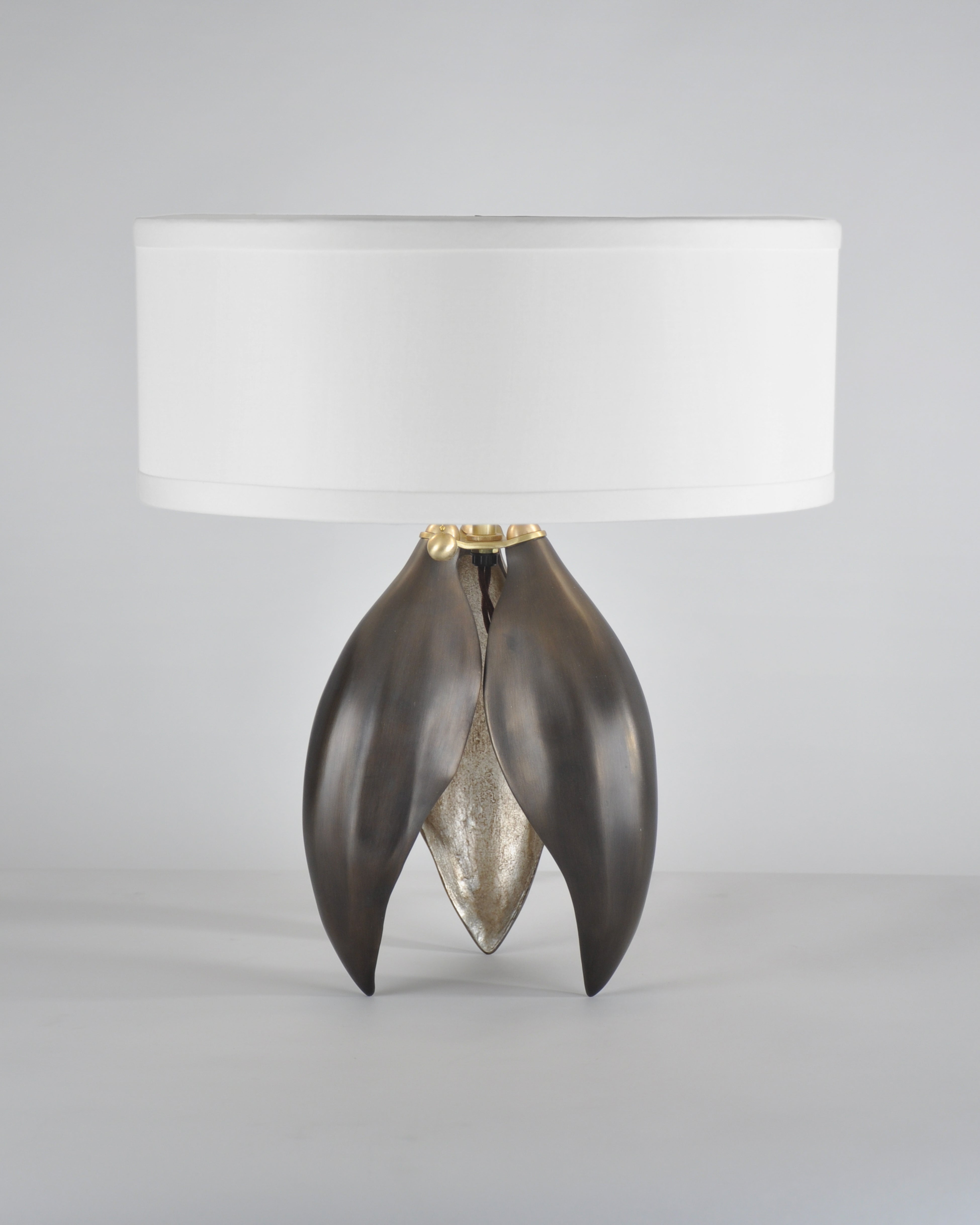 Dark Antique Brass with Classic Bronze Pods, Dutch White Gold Interior and Bright White Silk Pongee Shade