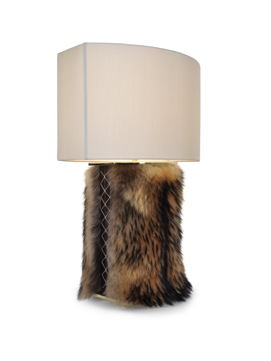Finnish Raccoon and Brown Leather with Polished Brass and Mushroom Silk Pongee