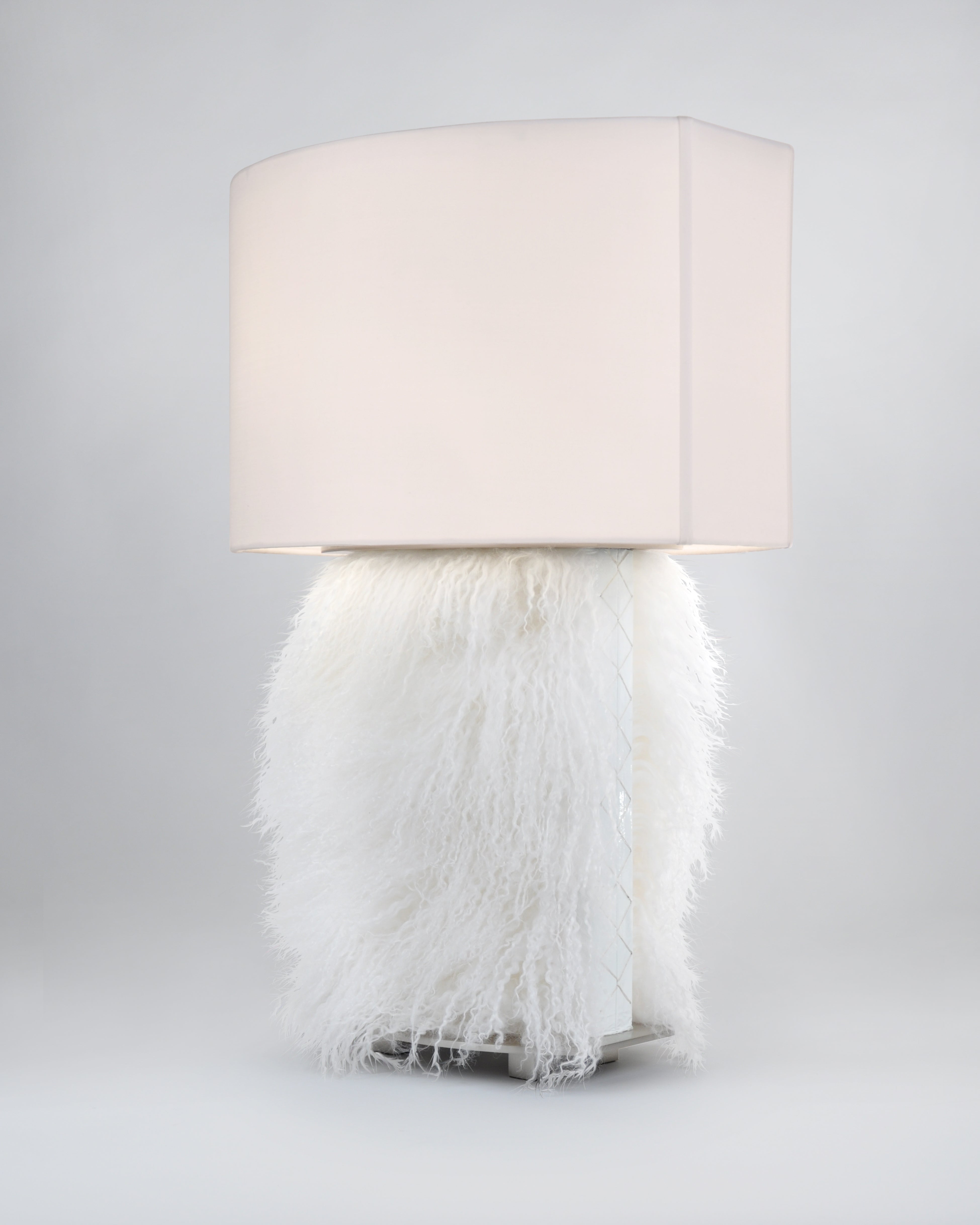 White Mongolian Sheep and White Patent with Satin Nickel and White Silk Pongee