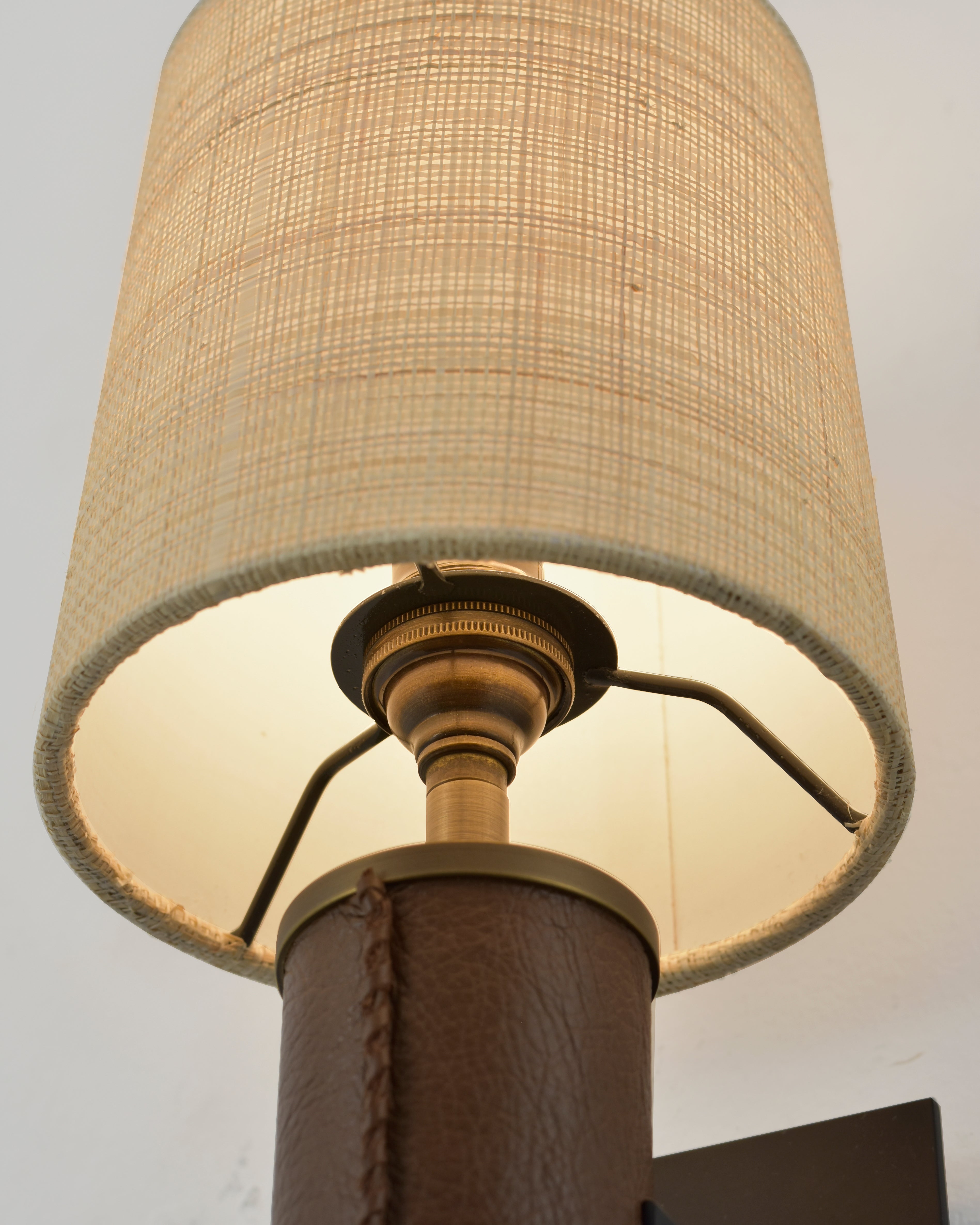 Patinated Steel and Light Antique Brass with Brown Leather and Raffia Shade