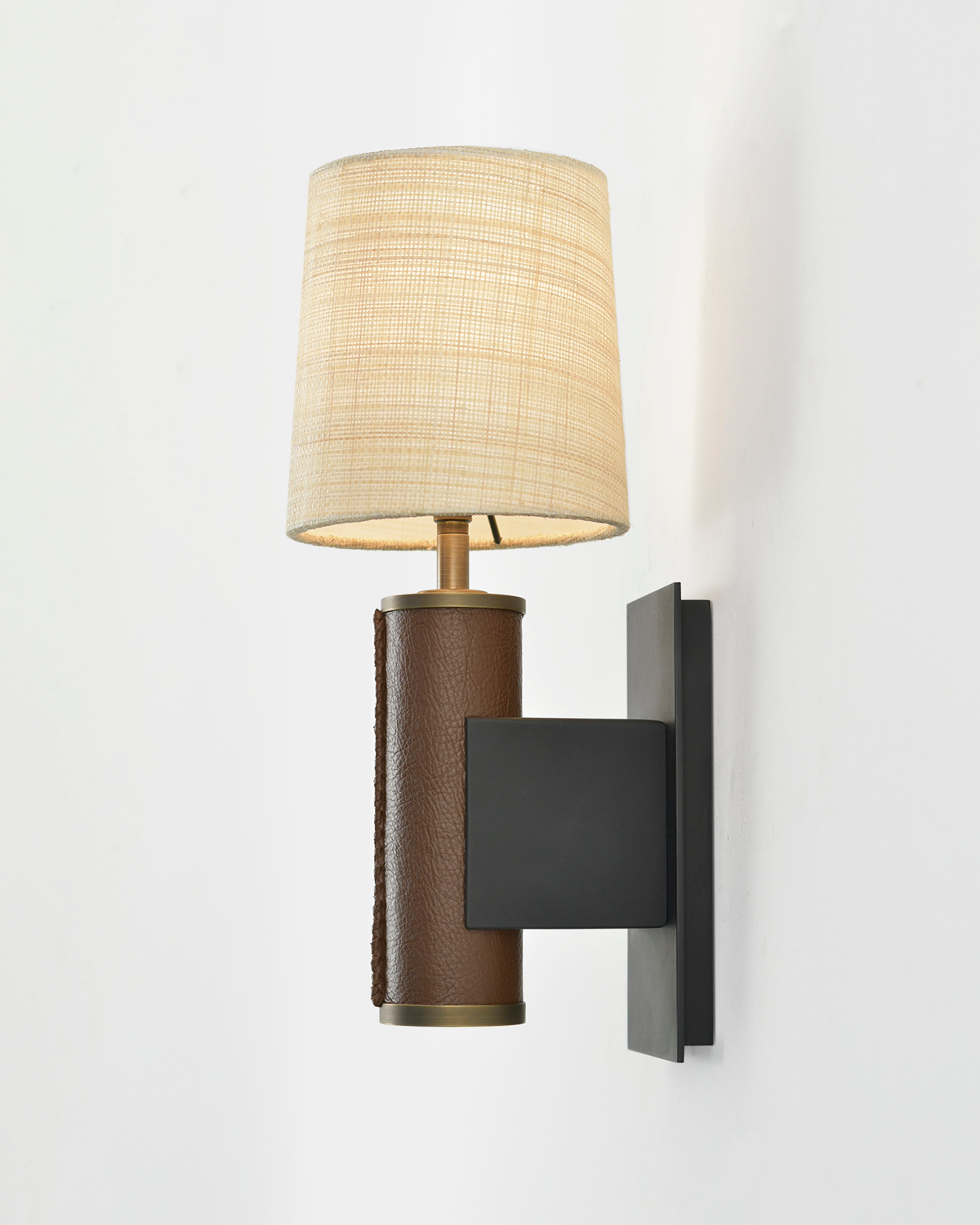 Patinated Steel and Light Antique Brass with Brown Leather and Raffia Shade