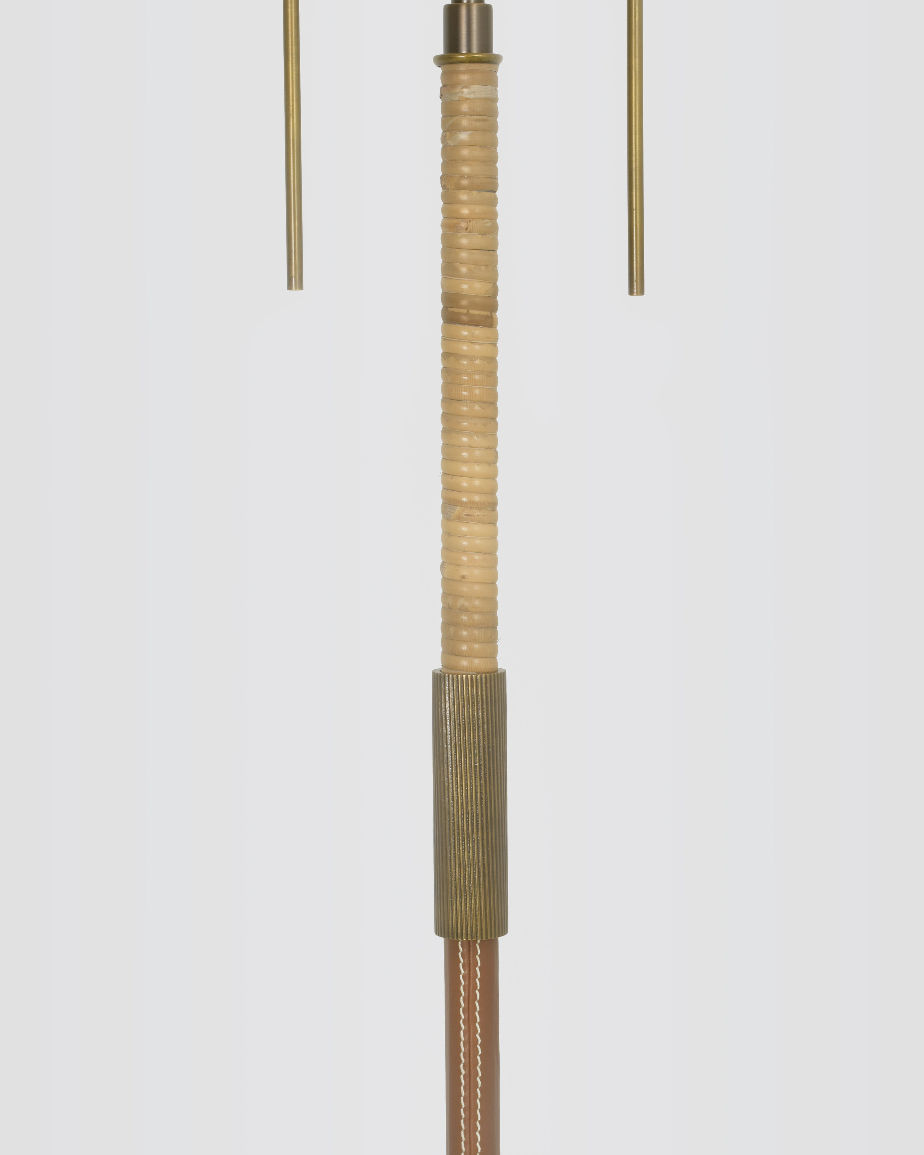 Light Antique Brass with Brown Leather and Cane Accent