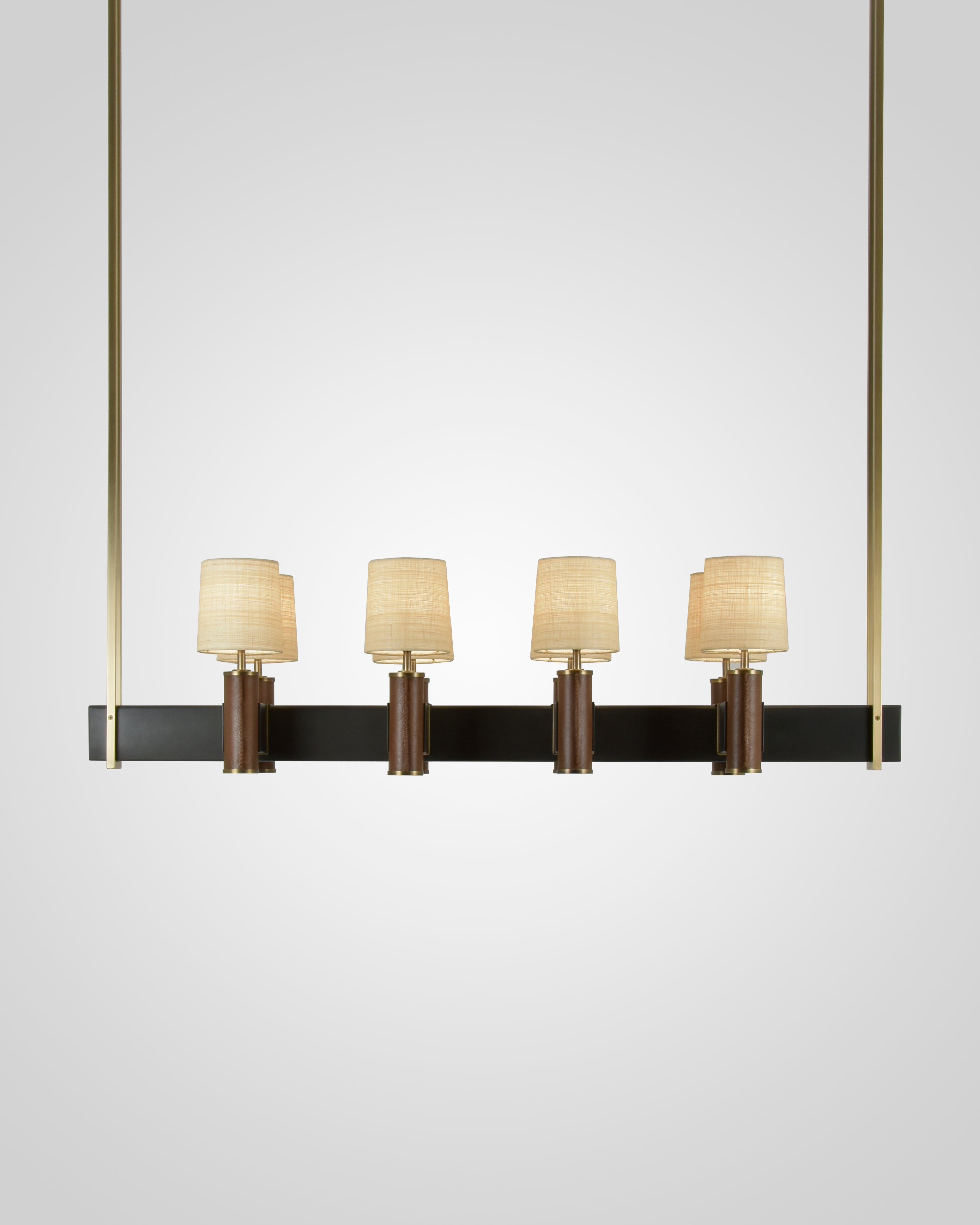 Del Mar Chandelier in Light Antique Brass and Brown Leather with Raffia Shades on Patinated Steel Frame