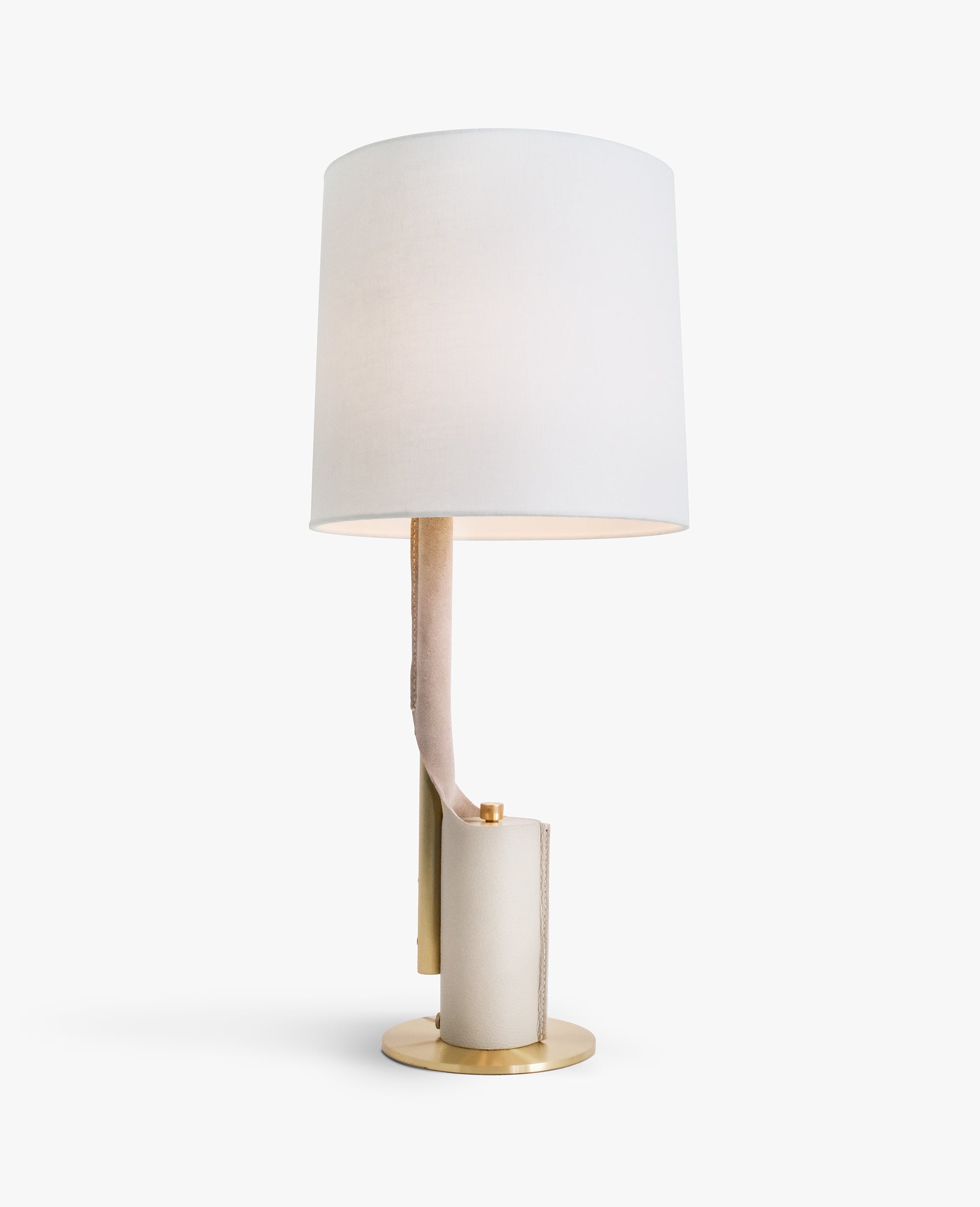 Brushed Brass w/ Cream Leather and White Linen Shade