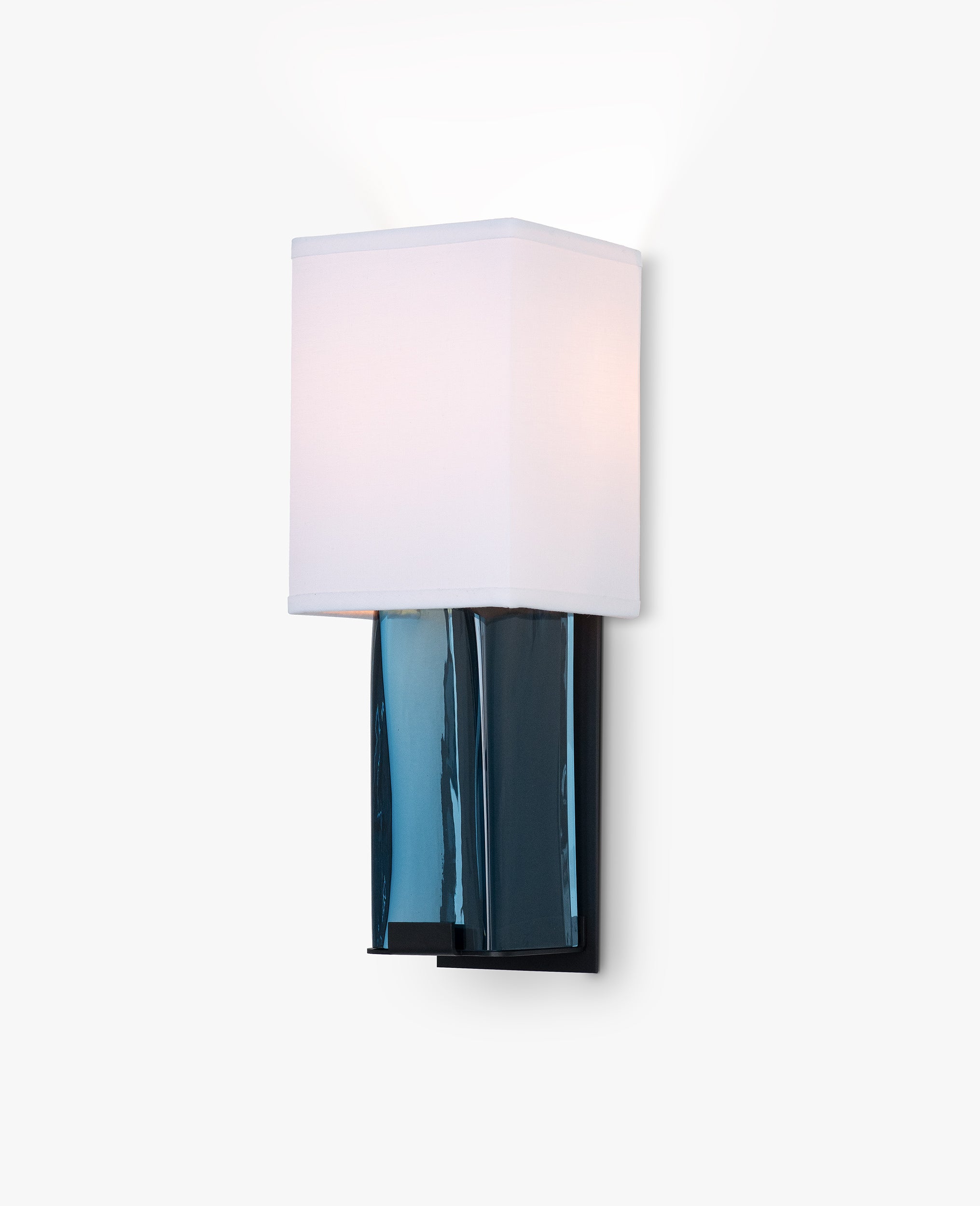 Patinated Steel with Cerulean Glass and White Linen Shade