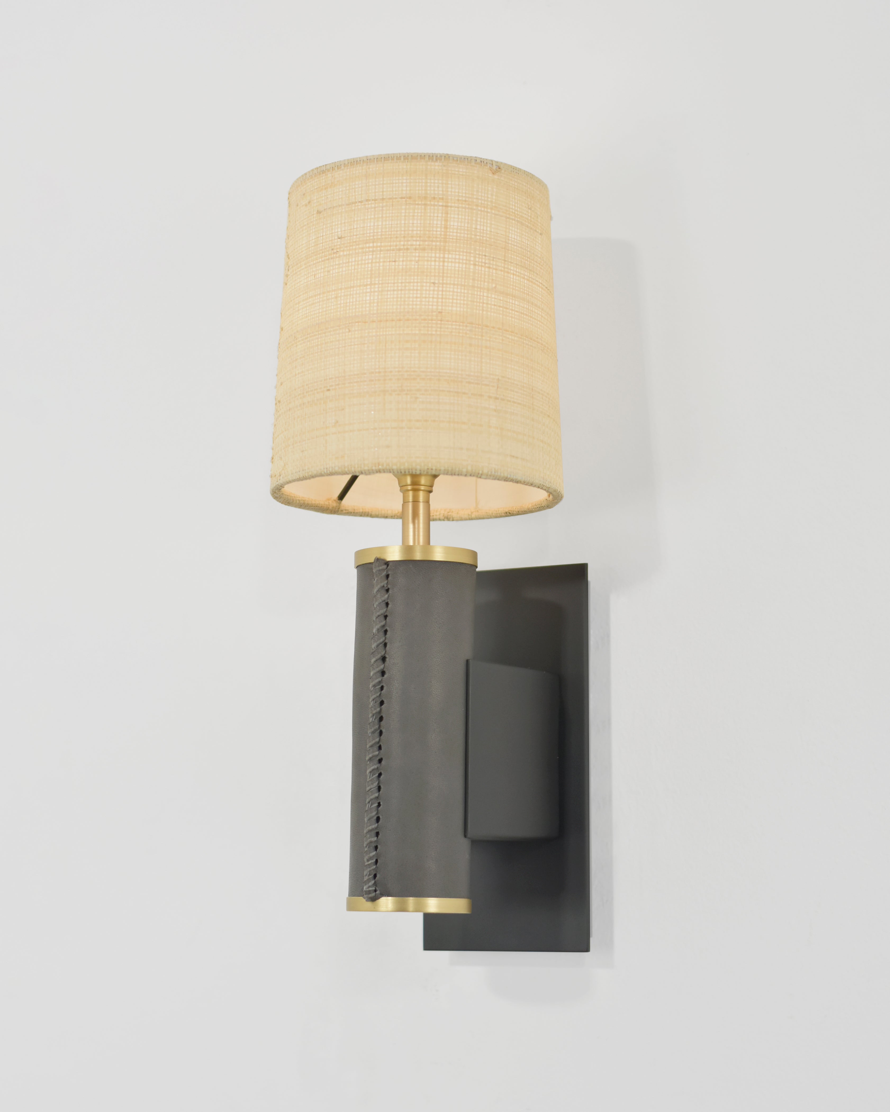 Patinated Steel and Brushed Brass with Mink Leather and Raffia Shade