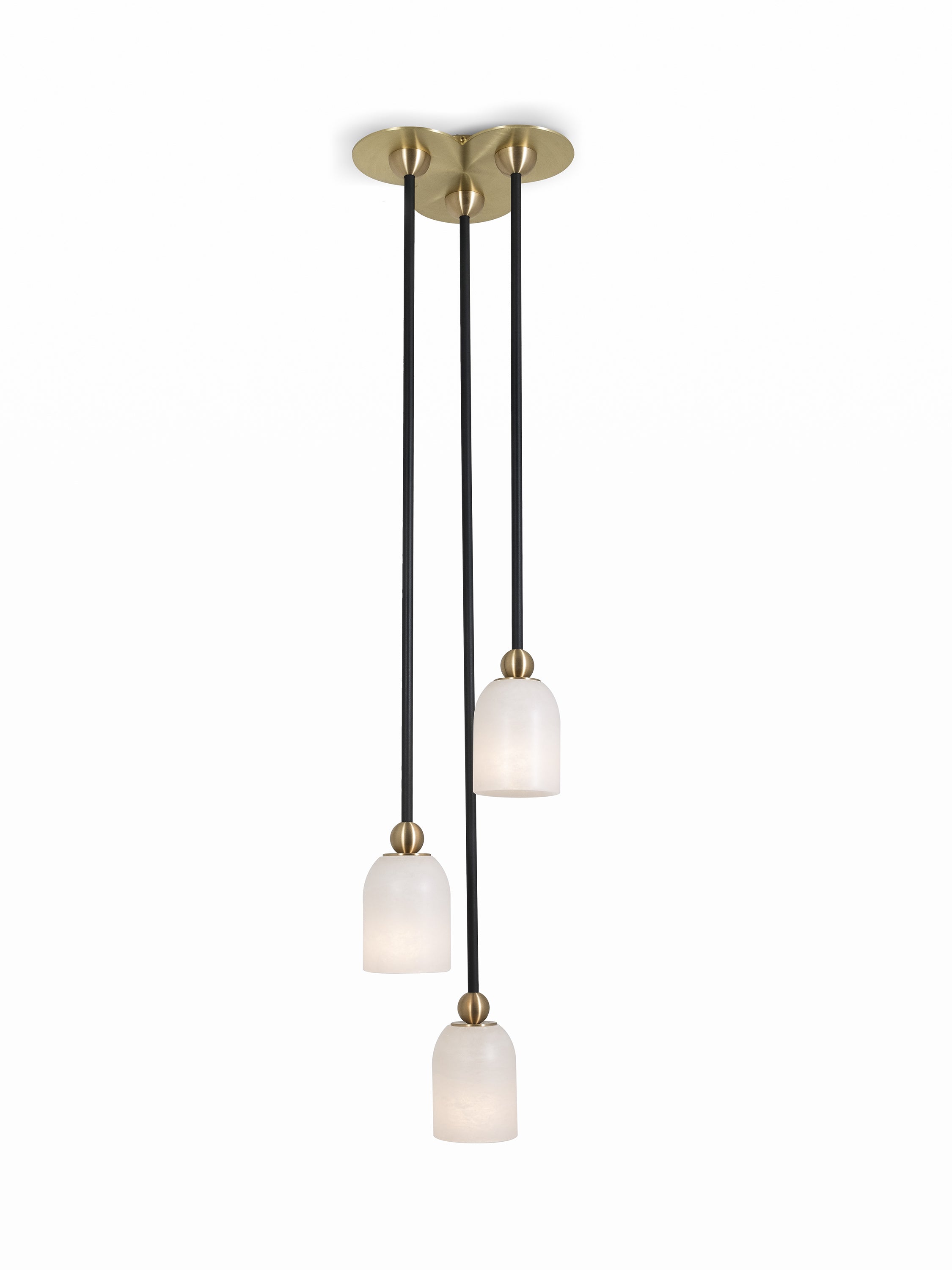 Brushed Brass canopy and accents with Patinated Steel stems and Alabaster Shade