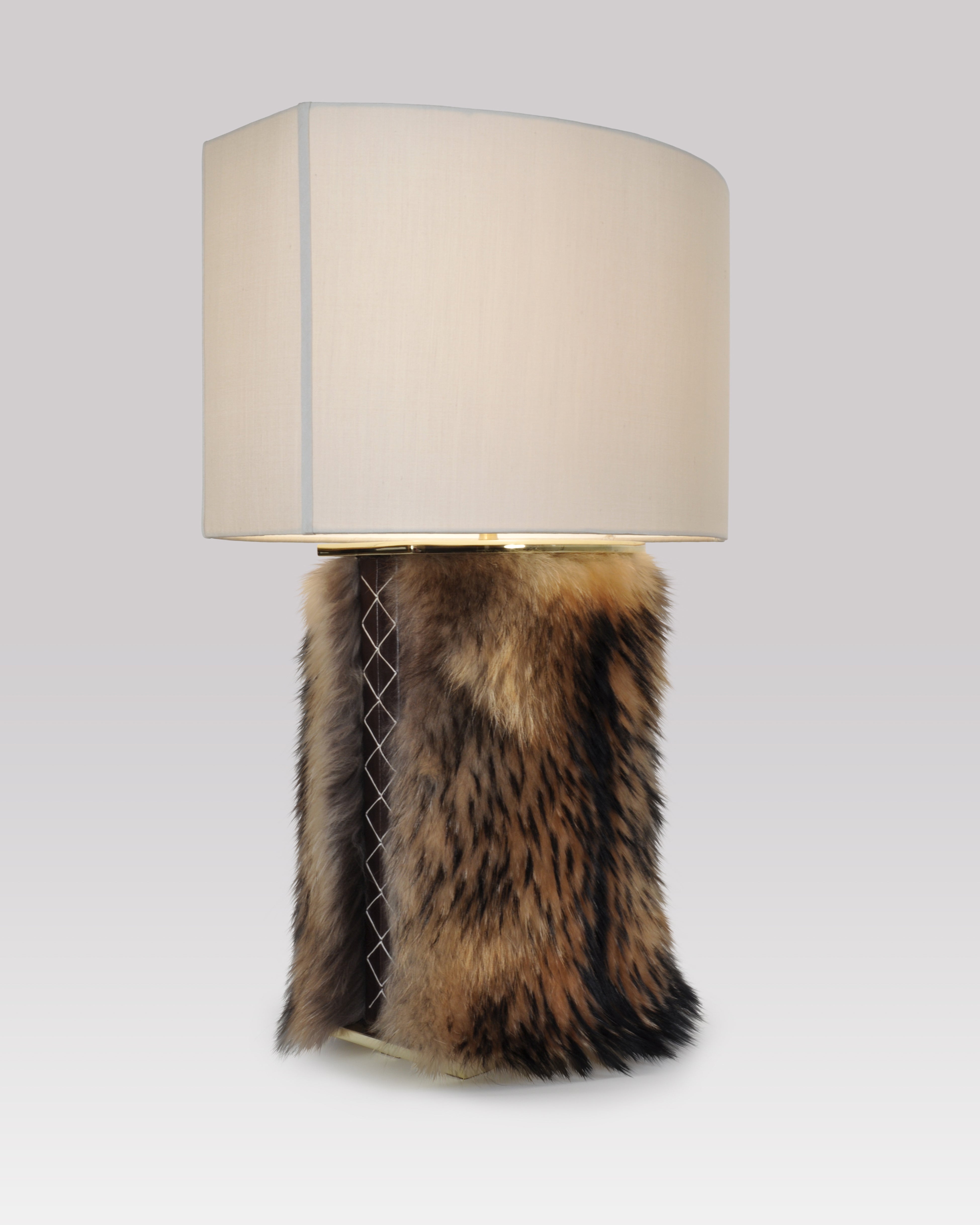 Finnish Raccoon and Brown Leather with Polished Brass and Mushroom Silk Pongee