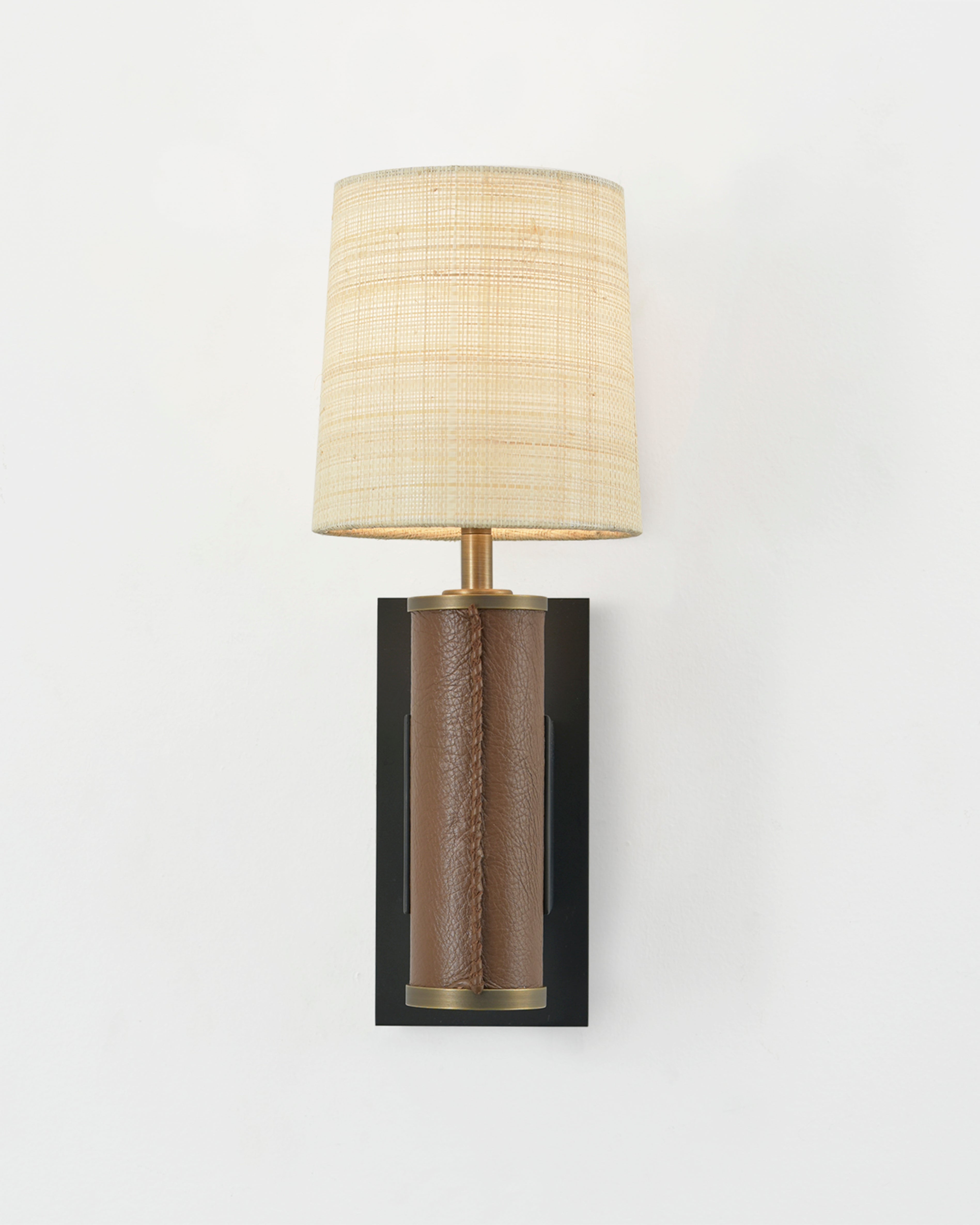 Patinated Steel and Light Antique Brass with Brown Leather and Raffia Shade