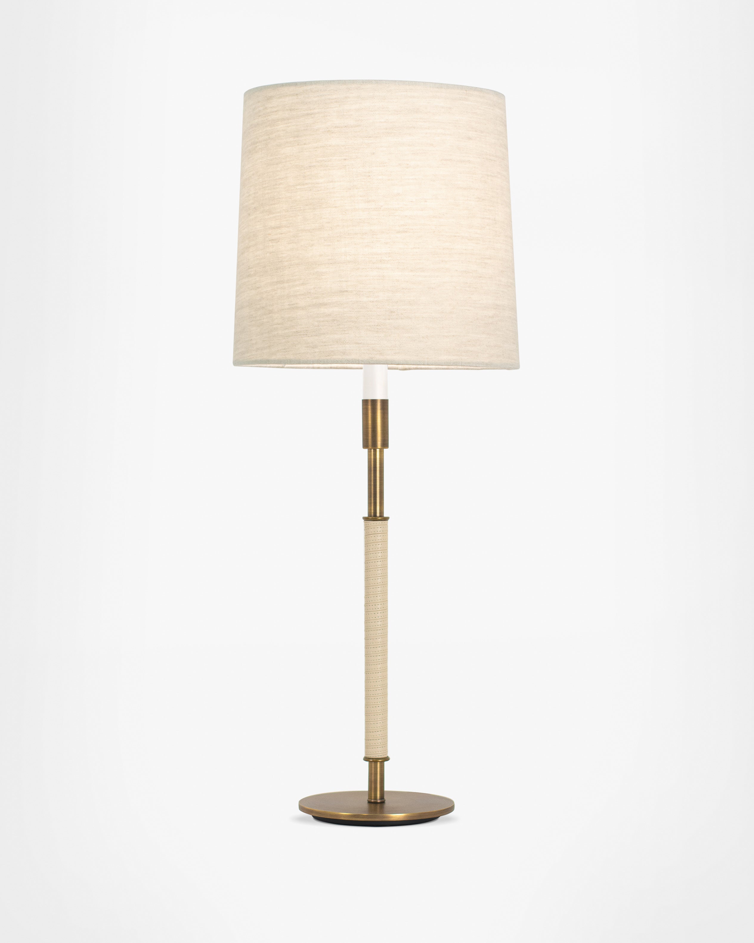 Light Antique Brass with Cream Leather and Natural Linen Shade