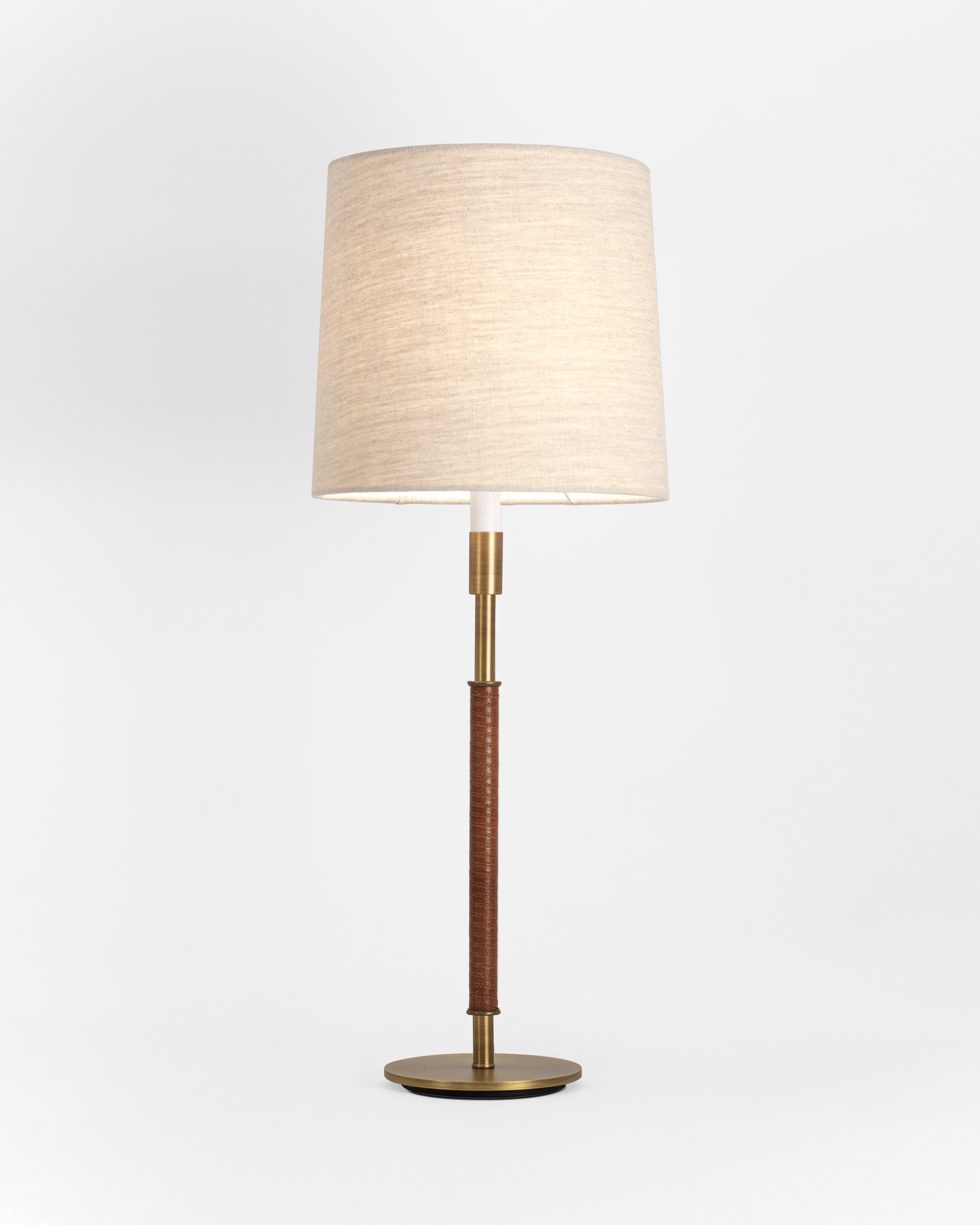 Light Antique Brass with Brown Leather and Natural Linen Shade