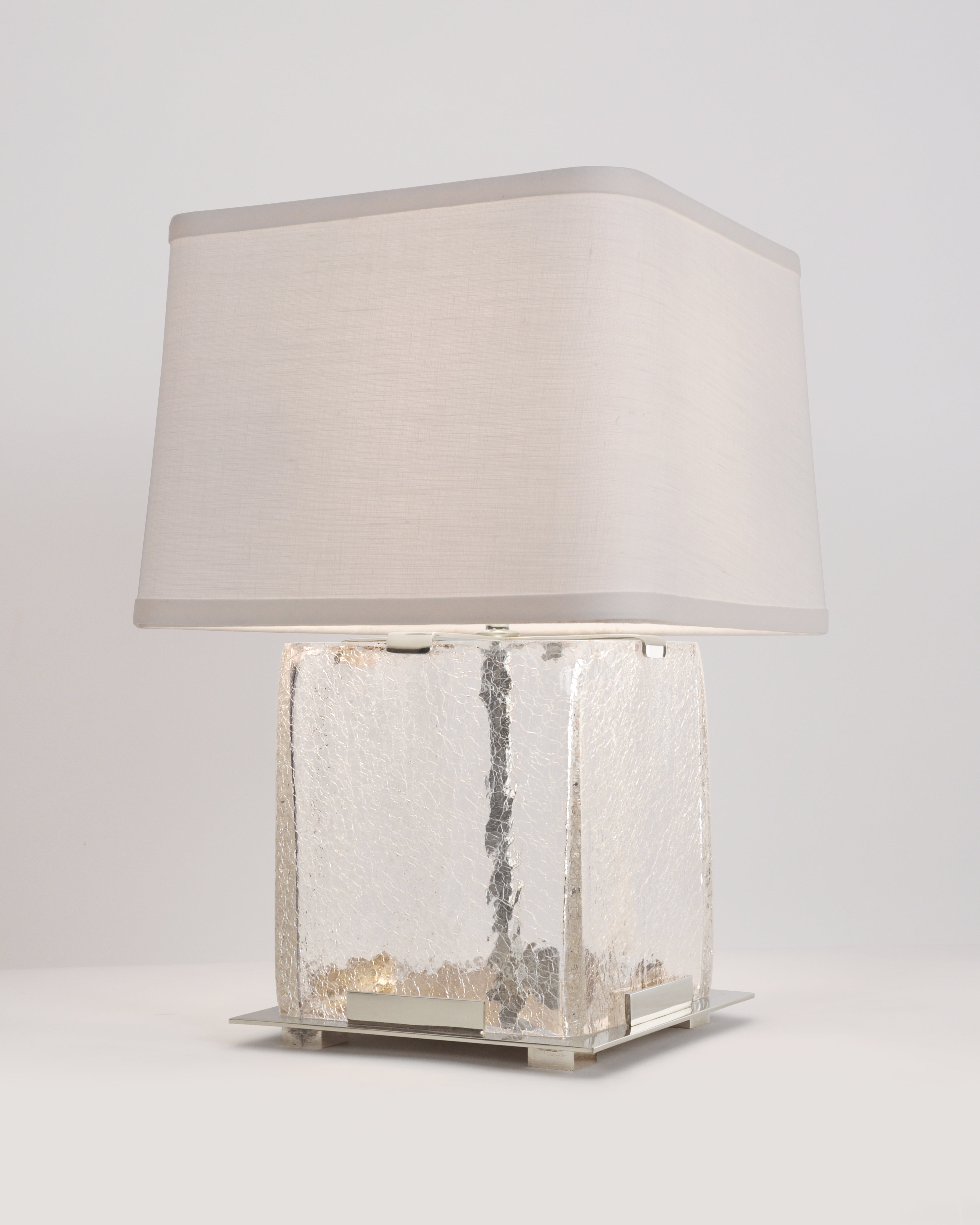 Polished Nickel with Clear Crackled Glass and White Linen