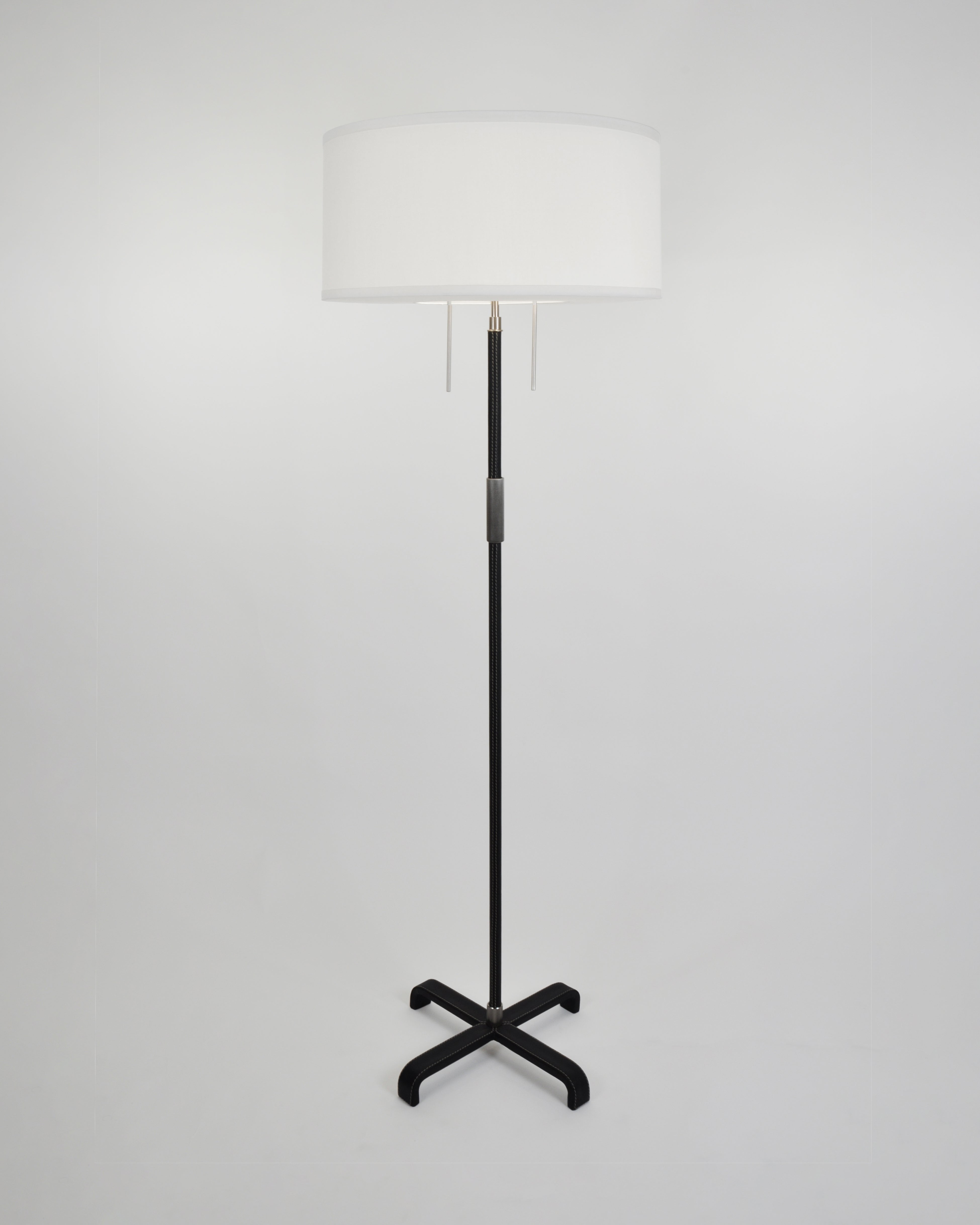 Polished Nickle and Black Leather with Bright White Silk Pongee