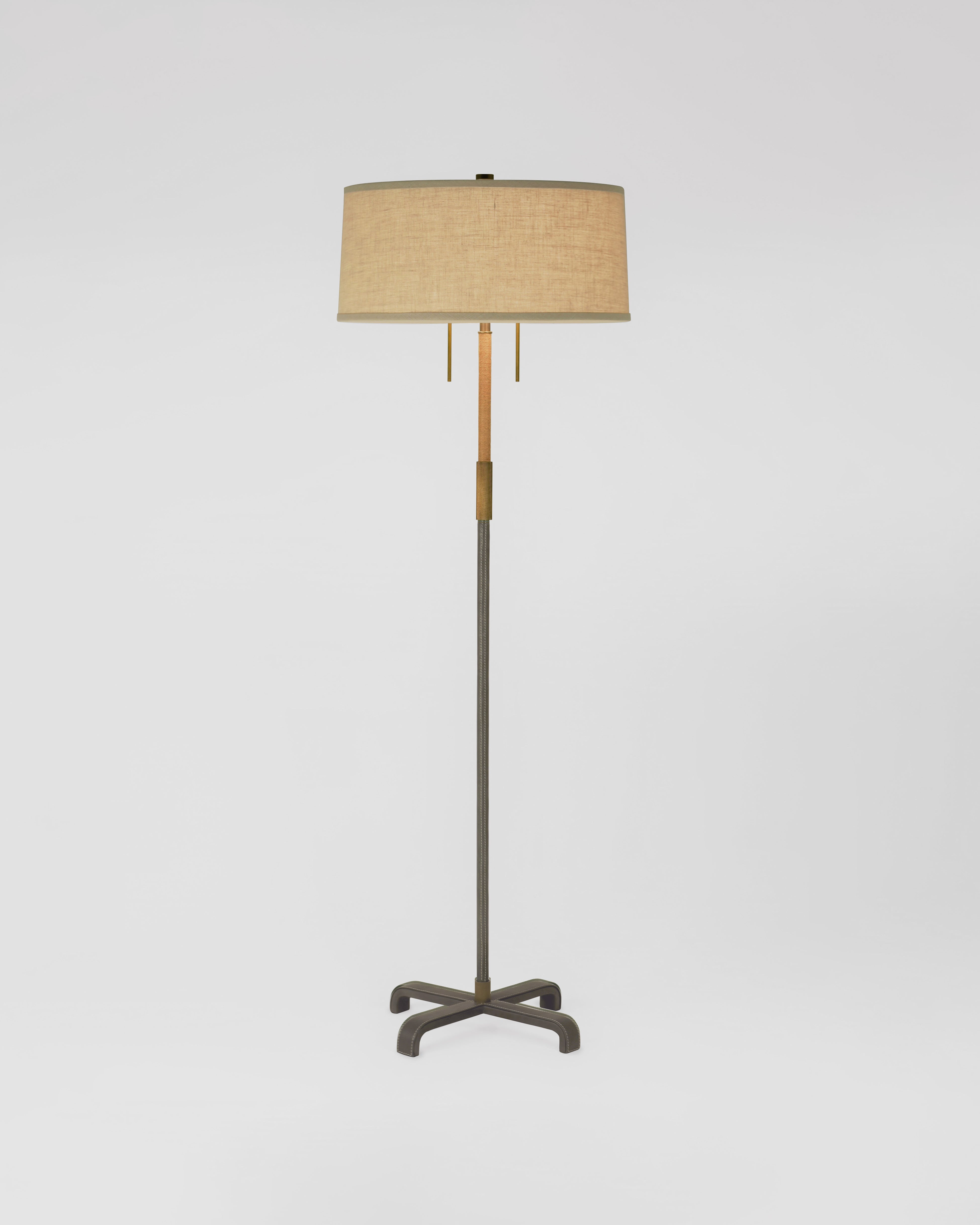 Light Antique Brass and Mink Leather with Jute Wrap and Natural Linen Shade