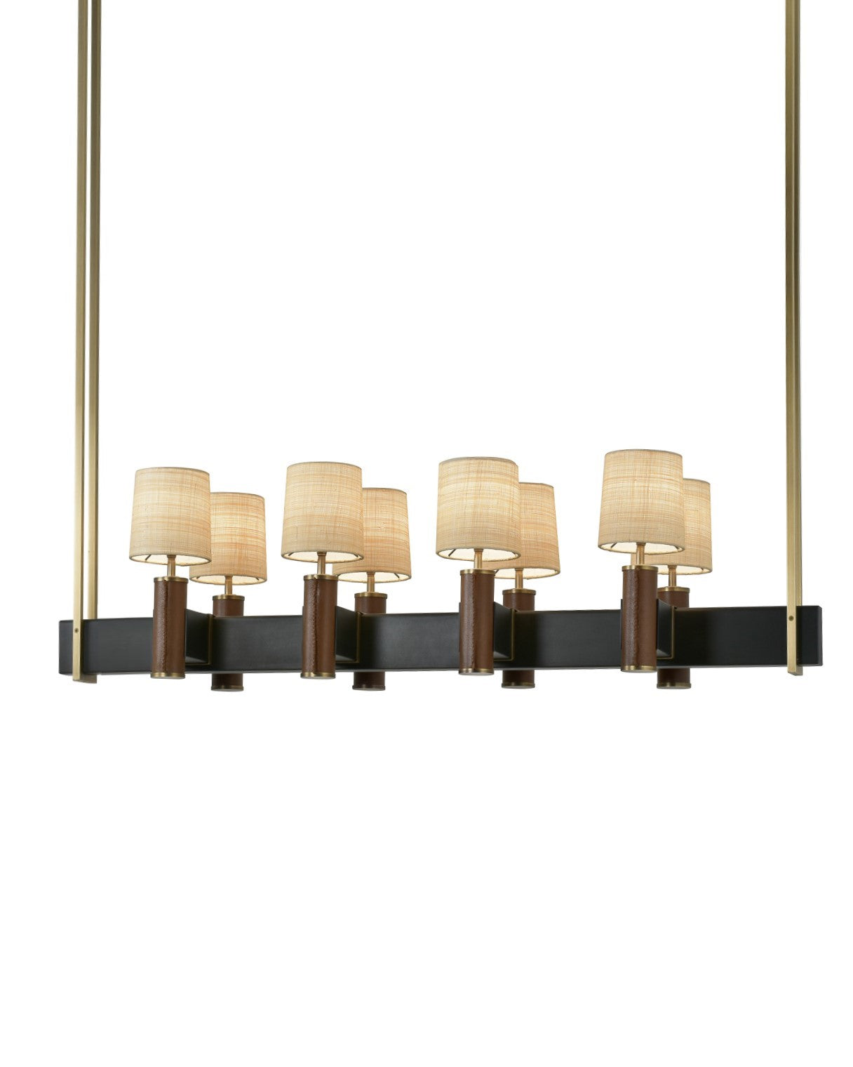 Del Mar Chandelier in Light Antique Brass and Brown Leather with Raffia Shades on Patinated Steel Frame
