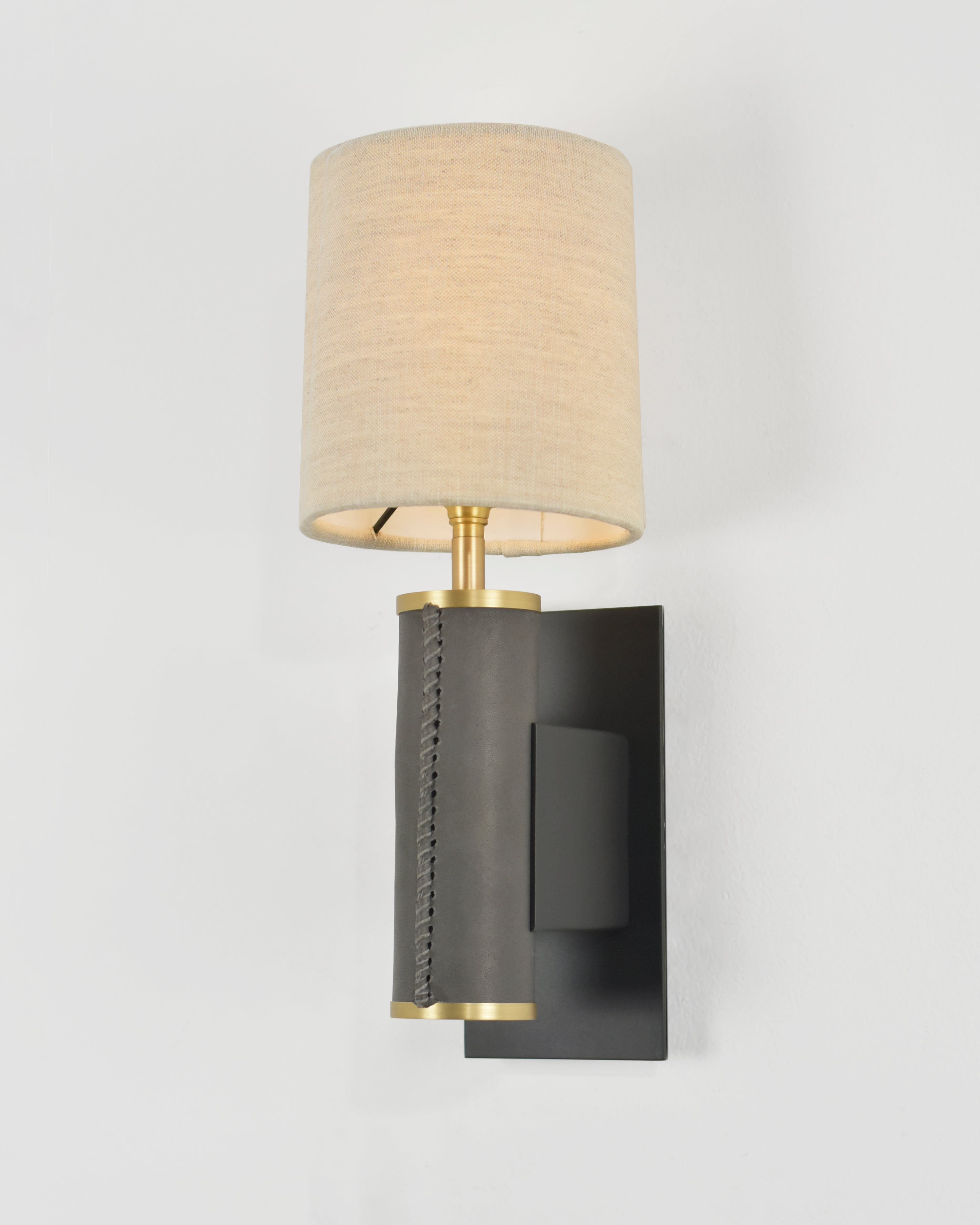 Patinated Steel and Brushed Brass with Mink Leather and Linen Shade