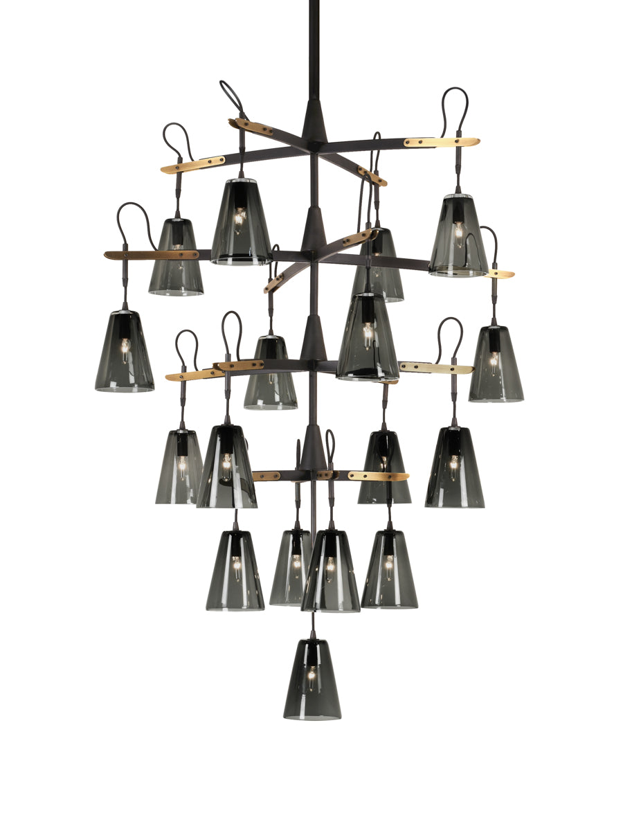 17 Light in Patinated Steel with Light Antique Brass and Smoke Glass