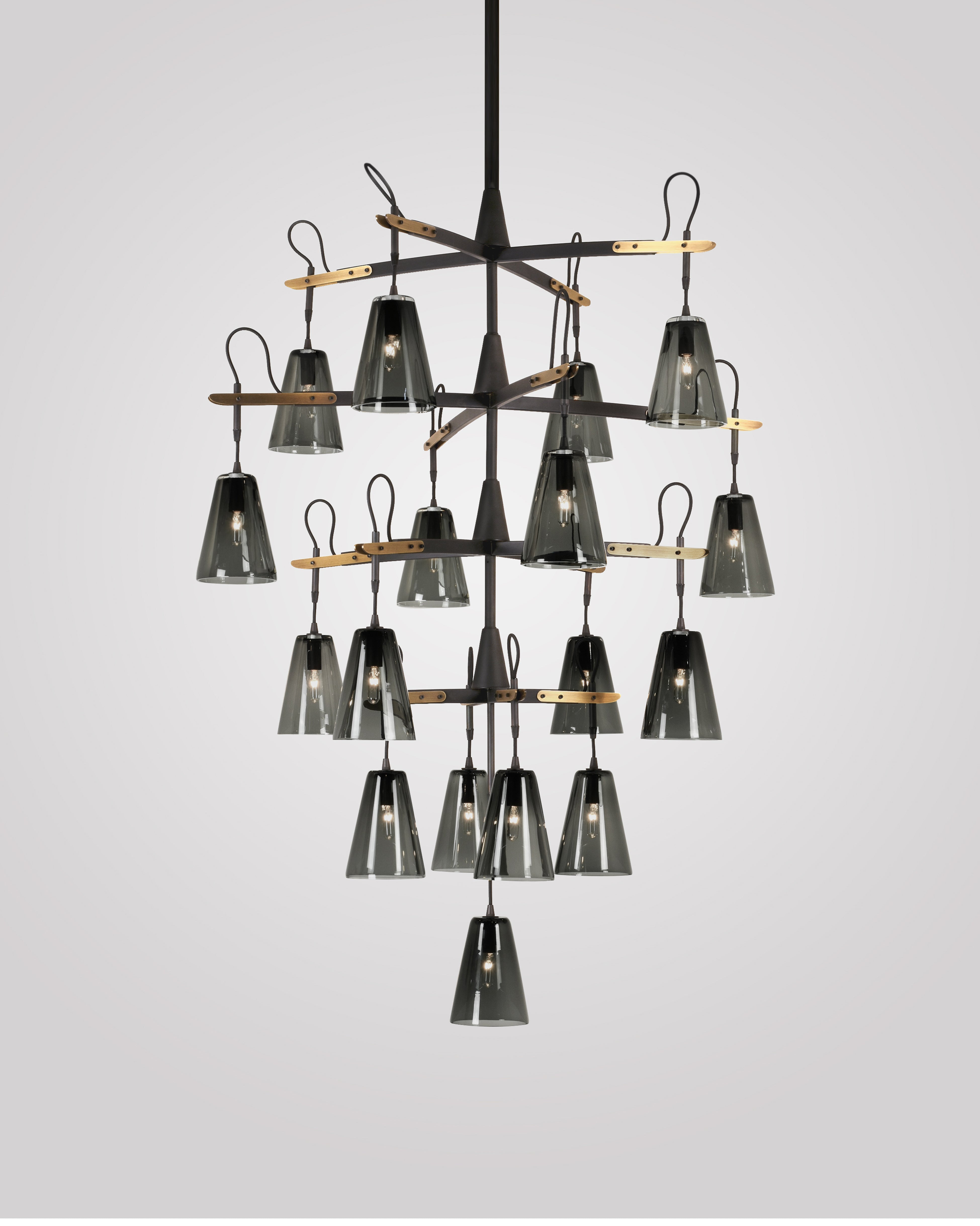 17 Light in Patinated Steel with Light Antique Brass and Smoke Glass