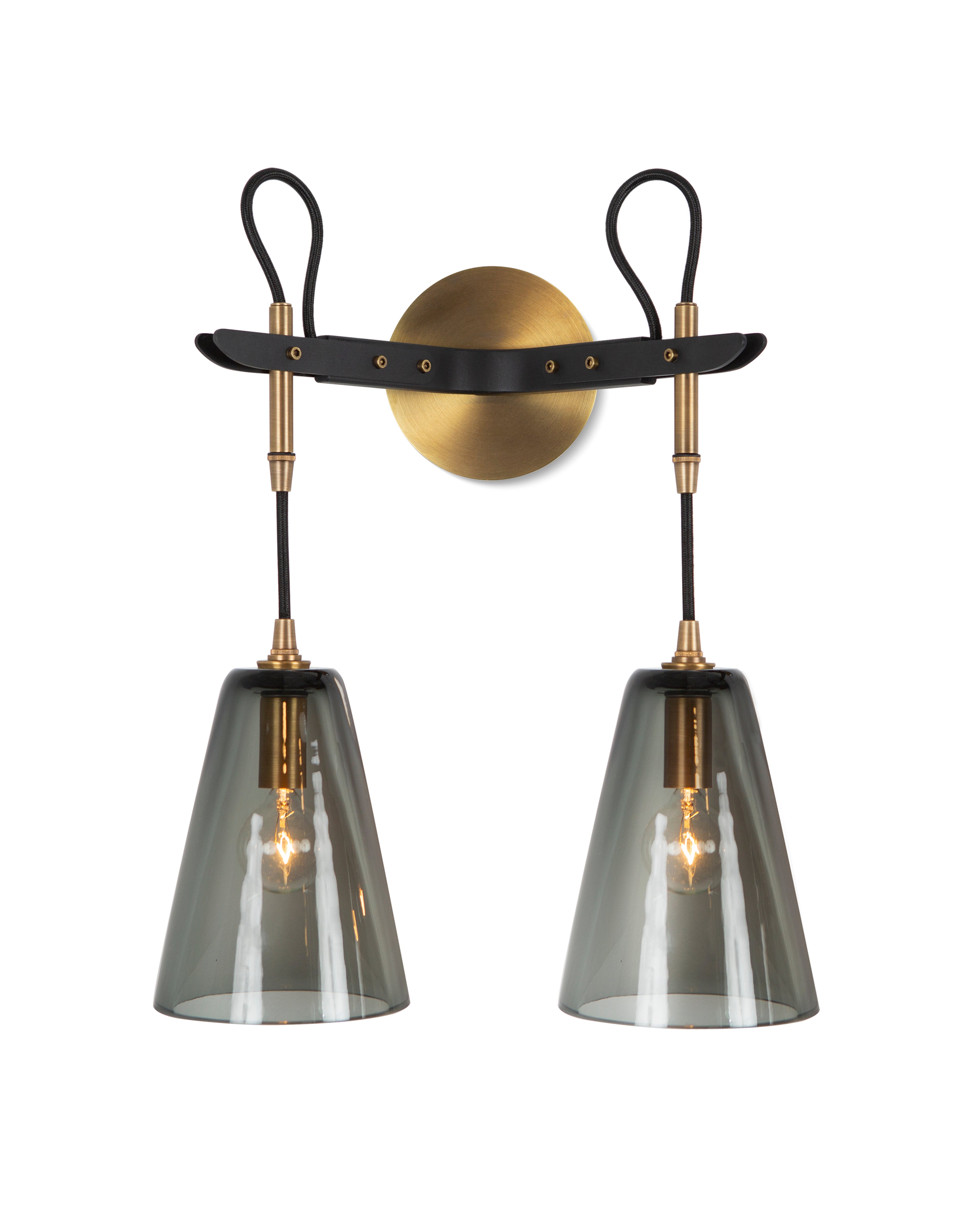 Vail Double Sconce in Light Antique Brass and Patinated Steel with Smoke Glass
