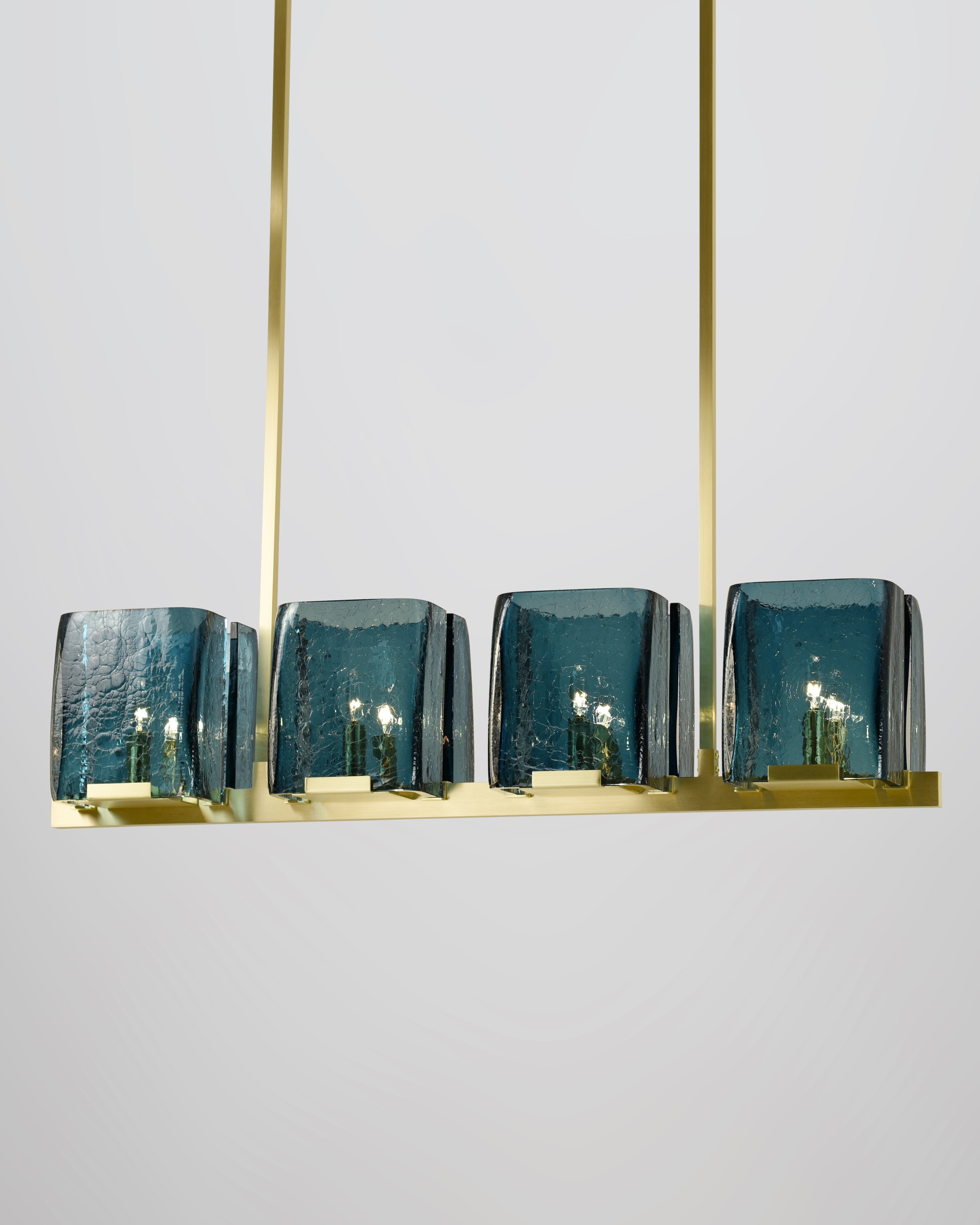 8 Light in Brushed Brass with Blue Crackled Glass